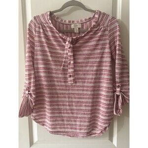 Ann Taylor LOFT Size M Pink Striped LS Pullover Blouse Top Roll Tab